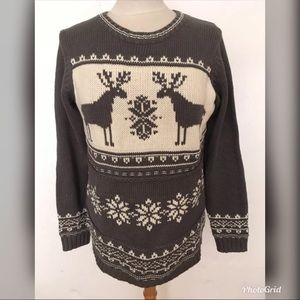 GH Bass Gray White Reindeer Snowflake Sweater Sz L